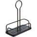 A black metal stand with a metal rod for Tablecraft Marbella condiment caddies.
