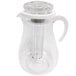 A clear acrylic pitcher with a white handle and lid.