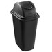 A black Rubbermaid plastic trash can with a dome swing lid.