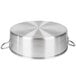 An aluminum round metal pan with two handles.