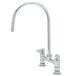 A silver Equip by T&S deck-mounted faucet with a 9" gooseneck spout and lever handles.