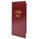 A burgundy Menu Solutions wine list cover with gold lettering.