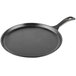 A Lodge pre-seasoned black cast iron griddle with a handle.
