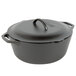 A Lodge cast iron dutch oven with dual handles and a lid.