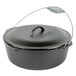 A Lodge black cast iron dutch oven with a handle and lid.