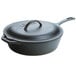 A Lodge black cast iron skillet with a handle and lid.