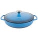 A Caribbean blue Lodge enameled cast iron casserole dish with a lid.