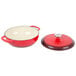 A red and white Lodge Island Spice Enameled Cast Iron Dutch Oven with lid.