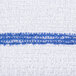 A white bar towel with blue stripes and blue thread.