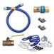 A blue flexible gas hose with various fittings and a restraining cable.