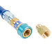 A blue and gold Dormont gas connector hose with brass fittings.