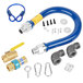 A blue Dormont gas connector kit with a blue and yellow hose and fittings and a looped blue restraining cable.