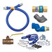 A blue Dormont gas connector kit with a flexible hose and fittings, including a swivel MAX&#174; fitting and restraining cable.