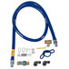 A blue Dormont gas connector hose kit with metal fittings and restraining cable.