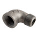 A close-up of a black metal pipe fitting with a threaded end.