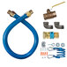 A blue Dormont gas connector hose with various fittings and a restraining cable.