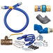 A blue Dormont gas connector hose with various parts.