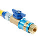 A brass gas pipe with a blue valve and blue and gold connector.