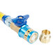 A blue and yellow Dormont gas connector kit with a brass valve and swivel fitting.