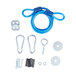 A blue hardware kit with a blue rope and screws.