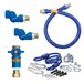 A blue Dormont gas connector hose kit with restraining cable and two swivels.