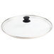 A clear glass lid with a black handle.