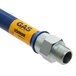 A Dormont stainless steel gas connector with a blue and yellow hose and metal nut.