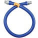 A Dormont stainless steel flexible blue gas connector hose with yellow label.
