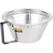 A stainless steel Grindmaster brewing funnel with a handle.