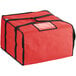A red insulated pizza delivery bag with black trim and straps.