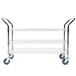 A Regency chrome wire shelving unit with three tiers and wheels.