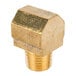 A brass hexagon-shaped connector on a white background.