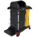 A black Rubbermaid janitor cart with locking cabinets.