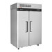 A large silver Turbo Air J Series combination refrigerator / freezer with black handles and two doors open.