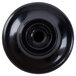 A black circular plastic knob with text and a hole.