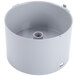 A gray metal Robot Coupe cutter bowl with a white lid with a hole in the center.