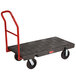 A black Rubbermaid heavy-duty platform truck with a red handle.