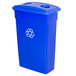 A blue Continental rectangular wall hugger recycling bin with a lid and recycle symbol.
