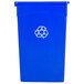 A blue Continental rectangular wall hugger recycling bin with a white recycle symbol on it.