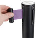 A person using an Aarco black crowd control stanchion with dual purple retractable belts.