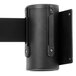 A black rectangular Aarco wall mount with a black retractable belt.