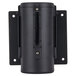 A black rectangular wall mount with a black cylinder with screws.