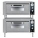 Two stainless steel Waring countertop pizza ovens with knobs and dials.