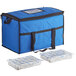 A blue Choice insulated cooler bag with black straps and two brick cold packs.