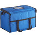 A blue insulated cooler bag with black straps.
