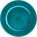 A teal plastic charger plate with beaded rims.