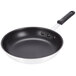 A Carlisle black and silver aluminum fry pan with a black and silver handle.