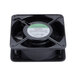 A black fan assembly with a white circle on the front and green accents.