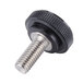 A black and silver screw with a black plastic knob and white thread.