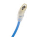 A close-up of a blue cable with a white connector on it.
